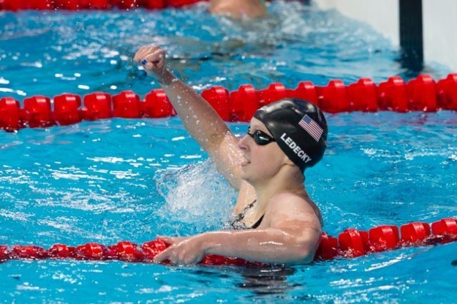 Katie Ledecky, USA, is World Champion of women's 200m free with 1:55.16. Day 4 of 2015 World Championships (courtesy of Tim Binning, theswimpictures.com)