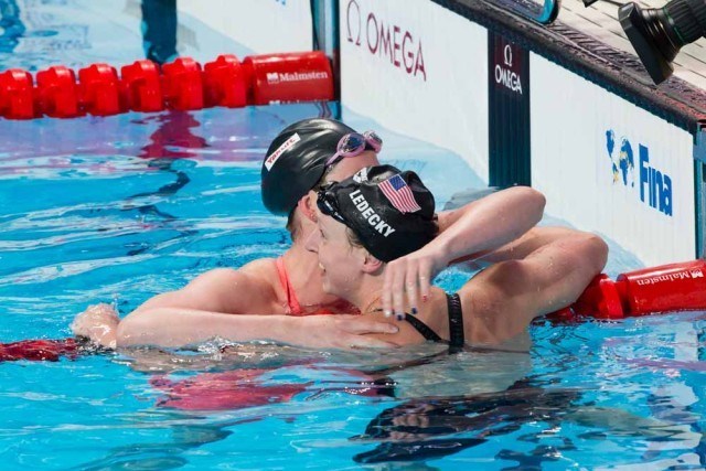 Katie Ledecky, USA, wins women's 1500 freestyle with new World Record of 15:25.48. Day 3 of 2015 World Championships. (courtesy of Tim Binning, theswimpictures.com)