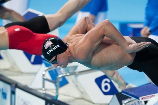 Ryan Lochte, USA, at start of men's 200 IM semi-final on Day 4 of 2015 World Championships. (courtesy of Tim Binning, theswimpictures.com)