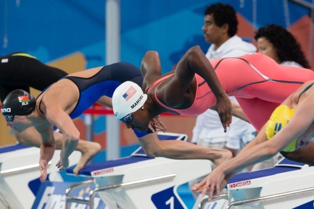 Simone Manuel (USA) posted the 11th time in semi-finals of the women's 50m freestyle to qualify for semi-finals. 2015 FINA World Championships (courtesy of Tim Binning, theswimpictures.com)