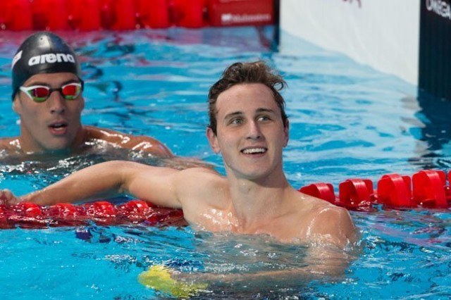 Cameron McEvoy, AUS, reacts to his field-leading 47.94 in semi-finals of men's 100m free. Day 4 of 2015 World Championships (courtesy of Tim Binning, theswimpictures.com)