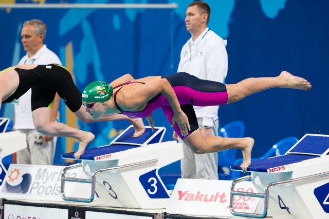 Ruta Meilutyte (LTU) posted the top semi-finals time of 29.74 in women's 50m breaststroke at 2015 FINA World Championships (courtesy of Tim Binning, theswimpictures.com)