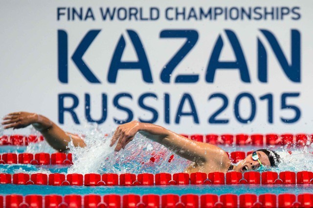 Columian Maria Alvarez Pugliese swims the prelims of the 400 free at at the 2015 FINA world championships Kazan Russia (photo: Mike Lewis, Ola Vista Photography)