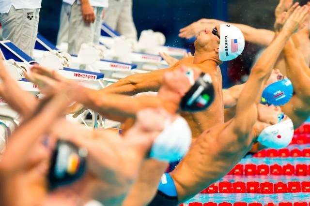 Matt Grevers in the heats of the 100 back at the 2015 FINA world championships Kazan Russia (photo: Mike Lewis, Ola Vista Photography)