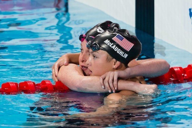Camille Adams (L) and Katie McLaughlin (R) will both represent USA in the women's 200 fly final after qualifying 6th and 5th in semi-finals on Day 4 of 2015 World Championships. (courtesy of Tim Binning, theswimpictures.com)
