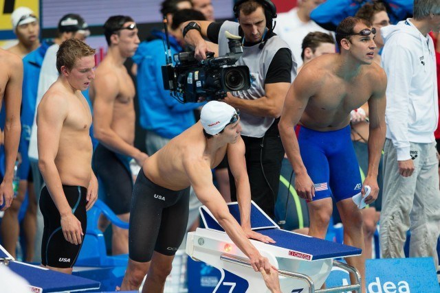 Team USA's 4x200m freestyle relay boys, Michael Klueh, Michael Weiss, Reed Malone, posting a comfortable heat swim second through to the finals (courtesy of TIm Binning, theswimpictures.com)