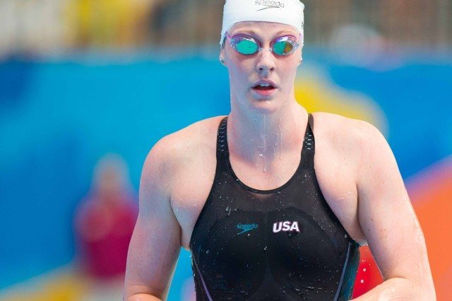 Missy Frankin following the heats of the 100 back at the 2015 FINA world championships Kazan Russia (photo: Mike Lewis, Ola Vista Photography)