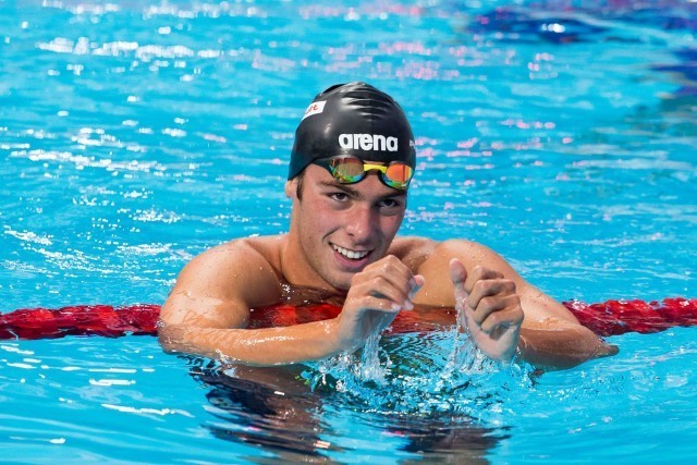 Gregorio Paltrinieri (ITA), World Champion in men's 1500m freestyle with European record of 14:39.67. Day 8 of 2015 FINA World Championships (courtesy of Tim Binning, theswimpictures.com)