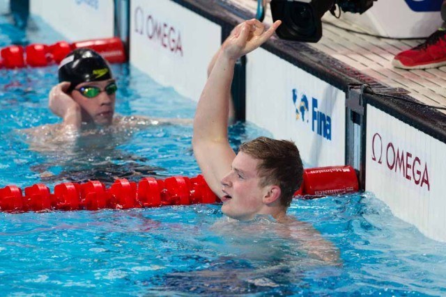 Adam Peaty, GBR, breaks World Record in men's 50 breaststroke semi-finals with 26.42. Day 3 of 2015 World Championships. (courtesy of Tim Binning, theswimpictures.com)