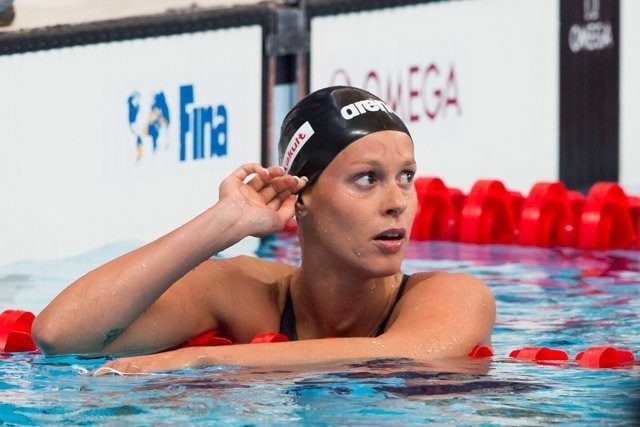 Federica Pellegrini ancor's Italy's 4x200m freestyle relay to seed them fastest for tonight, (courtesy of Tim Binning, theswimpictures.com)