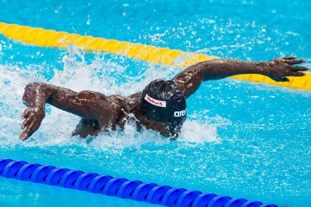 Pap Jonga of Gambia swims the prelims of the 50 fly at the 2015 FINA world championships Kazan Russia (photo: Mike Lewis, Ola Vista Photography)