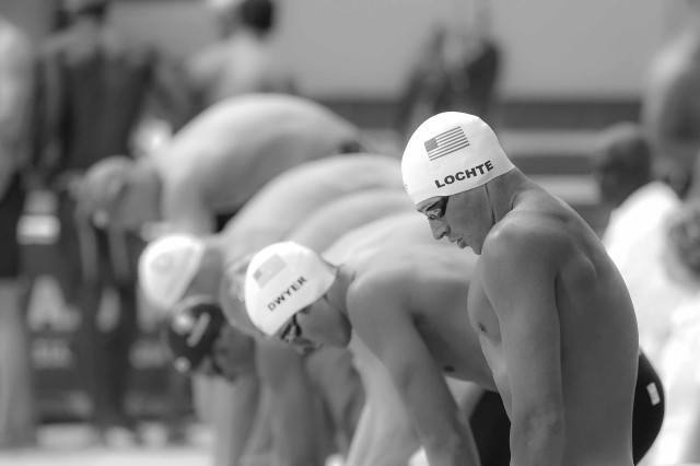 Ryan Lochte steps to the blocks in the prelims of the 200 IM at the 2015 FINA world championships Kazan Russia (photo: Mike Lewis, Ola Vista Photography)