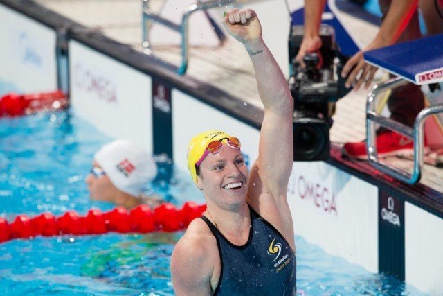 Emily Seebohm, AUS. Women's 100 backstroke World Champion. Day 3 of 2015 World Championships. (courtesy of Tim Binning, theswimpictures.com)