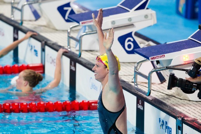 Emily Seebohm (AUS) is World Champion in women's 200m back at 2015 FINA World Championships (courtesy of Tim Binning, theswimpictures.com)