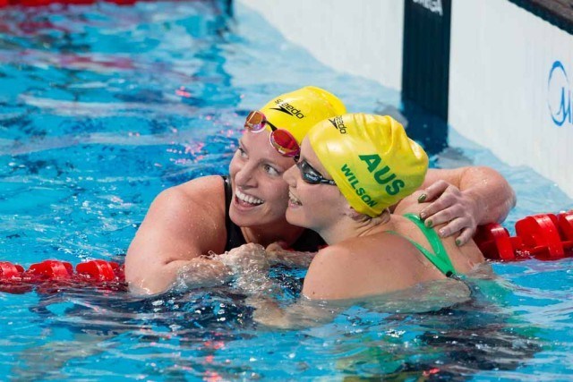 Emily Seebohm, AUS and Madison Wilson, AUS go 1-2 in women's 100 backstroke on Day 3 of 2015 World Championships. (courtesy of Tim Binning, theswimpictures.com)