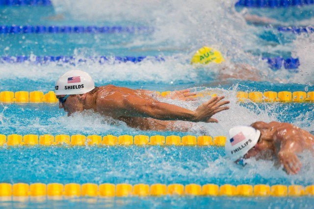 USA's Tom Shields qualifies second fastest, men's 100m butterfly prelims 51.09, (courtesy of Tim Binning, theswimpictures.com)
