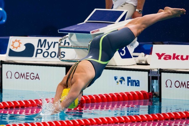 Sweden's Sarah Sjostrom entering the water in the women's 50m butterfly prelims 25.43, (courtesy of Tim Binning, theswimpictures.com)