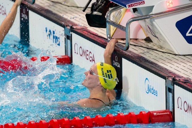 Sarah Sjostrom (SWE) posts a championship record of 25.34 to win women's 50m fly at 2015 FINA World Championships (courtesy of Tim Binning, theswimpictures.com)