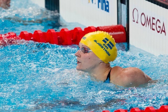 Sarah Sjostrom (SWE) posted the top women's 100 free time of 52.74 in semi-finals, then went on to lead off Sweden's 4x200m freestyle relay in 1:54.31. 2015 World Championships (courtesy of Tim Binning, theswimpictures.com)