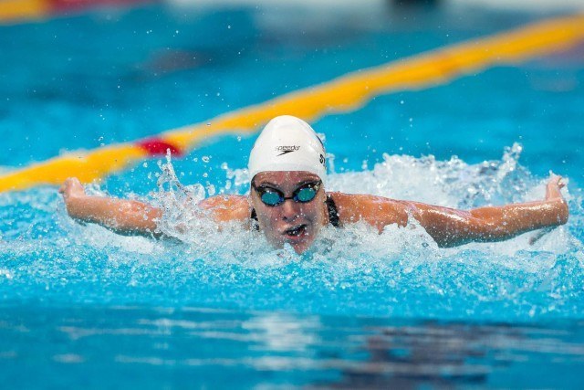 Kendyl Stewart (USA) in prelims of women's 4x100m medley relay at 2015 FINA World Championships (courtesy of Tim Binning, theswimpictures.com)
