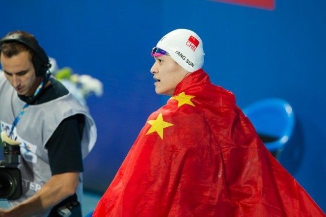 Sun Yang, CHN, is World Champion in men's 800m free with 7:39.96. Day 4 of 2015 World Championships (courtesy of Tim Binning, theswimpictures.com)