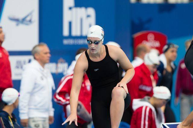 Team USA leads off with Leah Smith in the women's 4x200m freestyle relay heats, (courtesy of Tim Binning, theswimpictures.com)