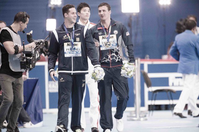 Thiago Pereira, Shun Wang and Ryan Lochte following the 200IM awards at the 2015 FINA world championships Kazan Russia (photo: Mike Lewis, Ola Vista Photography)