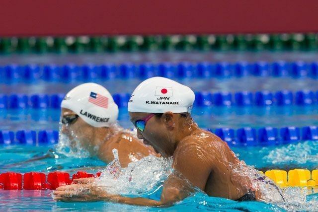 Japan's Kanako Watanabe takes the win in 2:23.29, followed by Micah Lawrence 2:23.32 in the women's 200m breaststroke heats, (courtesy of Tim Binning, theswimpictures.com)