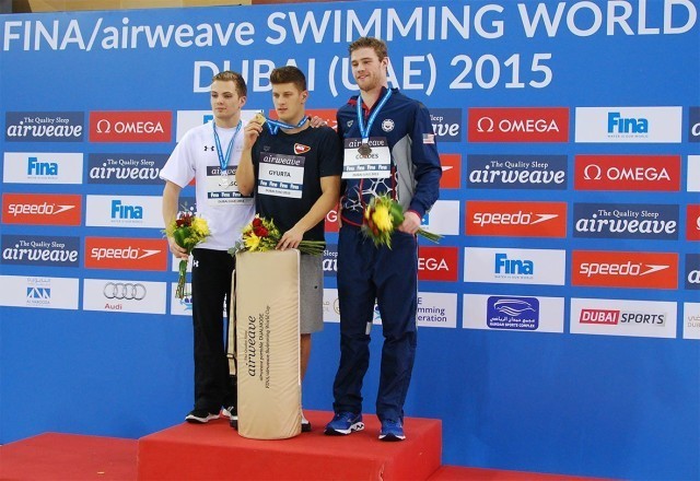 Men's 200 breaststroke podium - Daniel Gyurta (gold), Craig Benson (silver), Kevin Cordes (bronze)