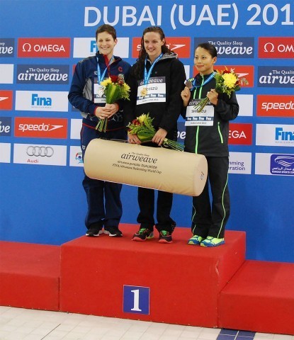Caitlin Leverenz, Katinka Hosszu, Sakiko Shimizu on 400m IM podium