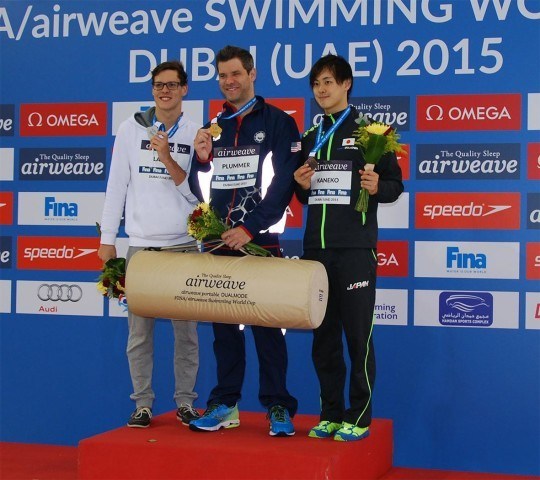 Co-Gold Medalists in men's 50 back, David Plummer & Mitch Larkin w/ bronze medalist Masaki Kaneko