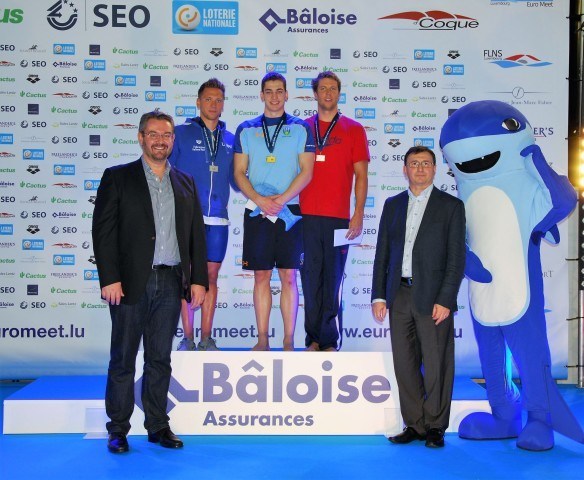 Alex Murphy GB, Andrea Tonato Italy, Hendrik Feldwehr Germany at the 2016 Euro Meet Luxembourg on Podium 50 breaststroke