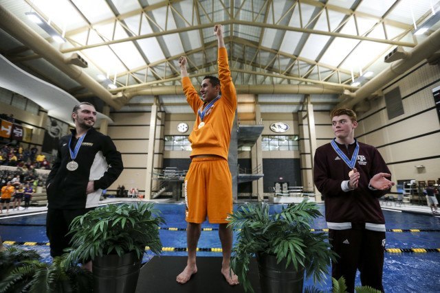 Mauricio Robles of the Tennessee Volunteers during day 2 of SEC Swimming and Diving Championships at the University of Missouri Mizzou Aquatic Center in Columbia, MO. Photo By Craig Bisacre/Tennessee Athletics