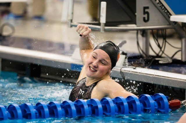 Louisville Freshman Alina Kendzior celebrates a B-final victory in the 200 individual medley, dropping over 2 seconds from prelims to go 1:57.71 at the 2016 ACC Women’s Swimming & Diving Championships held at the Greensboro Aquatic Center in Greensboro, NC from February 17 to February 20. (Photo Courtesy: Tim Binning/TheSwimPictures.com)