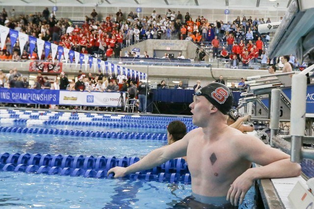 Andreas Schiellerup of NC State after anchoring the team's 200 free relay to victory and a final time of 1:15.65. (Courtesy: Tim Binning/TheSwimPictures.com)