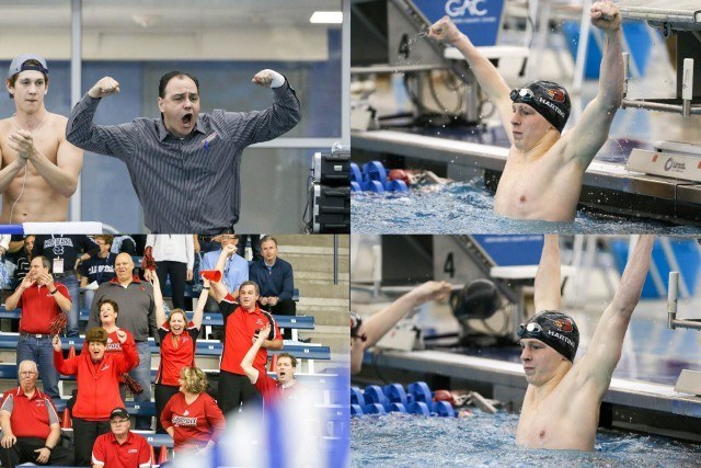 Louisville Freshman Zach Hartman wins the 500 free B-final with the support of team, coaches and parents going 4:19.75 at the 2016 ACC Men's Swimming and Diving Championships held at the Greensboro Aquatic Center in Greensboro, NC February 24-27, 2016. (Courtesy: Tim Binning/TheSwimPictures.com)