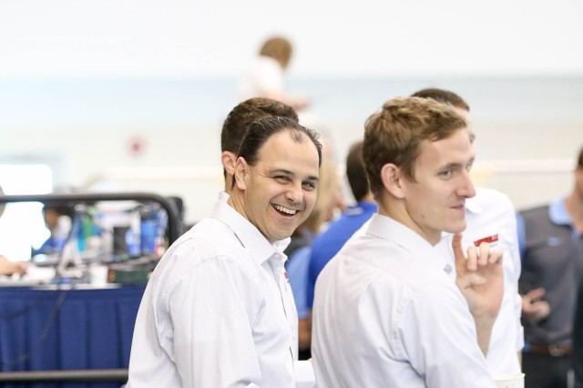 Louisville Head Coach Arthur Albiero before the start of day 2 finals at the 2016 ACC Men's Swimming and Diving Championships. (Courtesy: Tim Binning/TheSwimPictures.com)