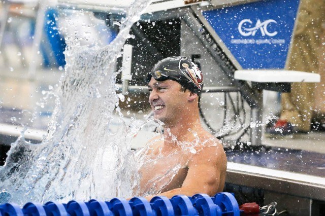 Jason McCormick, a Florida State Junior, celebrates a 50 free B-final victory in 19.68. (Courtesy: Tim Binning/TheSwimPictures.com)