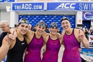 The NC State victorious 200 free relay team of Riki Bonnema, Ashlyn Koletic, Natalie Labonge, and Krista Duffield. (Photo Courtesy: Tim Binning/TheSwimPictures.com)