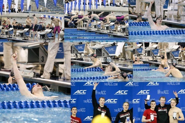 As in the 50 free a night earlier, North Carolina State placed 4 swimmers in the 200 free championship final. Simonas Bilis (SR) took first in 1:32.46; Soeren Dahl (JR) took second in 1:32.88; Ryan Held (SO) took third in 1:32.97; and, Justin Ress (FR) placed seventh in 1:35.69. In a friendly poke at Louisville, Soeren Dahl wore a Louisville Cardinals hoodie -- a while back when the two schools had conference basketball match, one of the Louisville players coming off the court took a seat on the NC State bench (their team colors are the same, just reversed depending whether they're playing home or away) and he had to take the embarassing walk back to his own bench. (Courtesy: Tim Binning/TheSwimPictures.com)