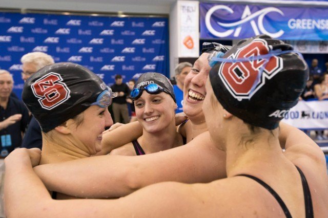NC State team of Riki Bonnema, Ashlyn Koletic, Natalie Labonge, and Krista Duffield set a new conference and meet record in winning the 200 free relay in 1:27.50 at the 2016 ACC Women’s Swimming & Diving Championships held at the Greensboro Aquatic Center in Greensboro, NC from February 17 to February 20. (Photo Courtesy: Tim Binning/TheSwimPictures.com)