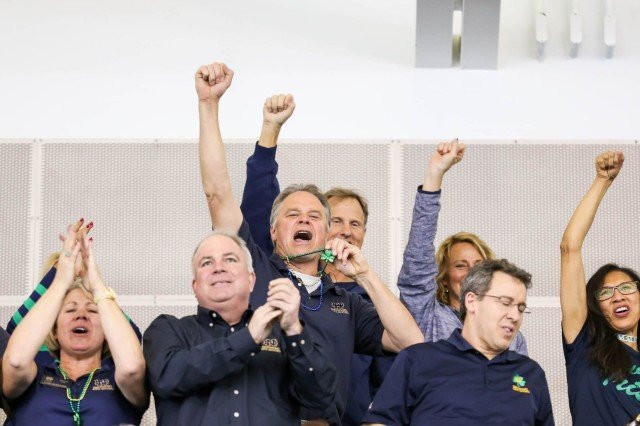 Notre Dame supports cheer before the start of day 3 finals at the 2016 ACC Men's Swimming and Diving Championships. (Courtesy: Tim Binning/TheSwimPictures.com)