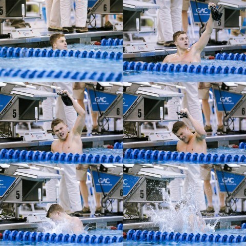 Virginia Tech Junior Robert Owen celebrates after making up almost a second and a half in the final 100 of the 400 IM to win the event in a new pool record 3:41.08 on night three of the 2016 ACC Men's Swimming and Diving Championship. (Courtesy: Tim Binning/TheSwimPictures.com)
