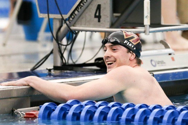 Virginia Tech Junior Brandon Fiala wins the 200 IM championship final in 1:42.26, denying NC State a clean sweep of Thursday night's swimming events. (Courtesy: Tim Binning/TheSwimPictures.com)