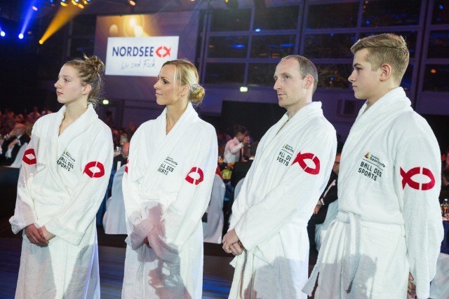06. Februar 2016, Wiesbaden, Deutschland,Ball des Sports. In this photo: Lea Boy, Britta Kramrau, Thomas Lurz, Thore Bermel