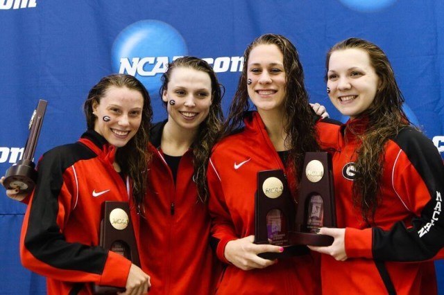 Georgia 800 free relay gold medalists at 2016 NCAA D1 Women's Championships. Photo courtesy of Tim Binning/TheSwimPictures.com