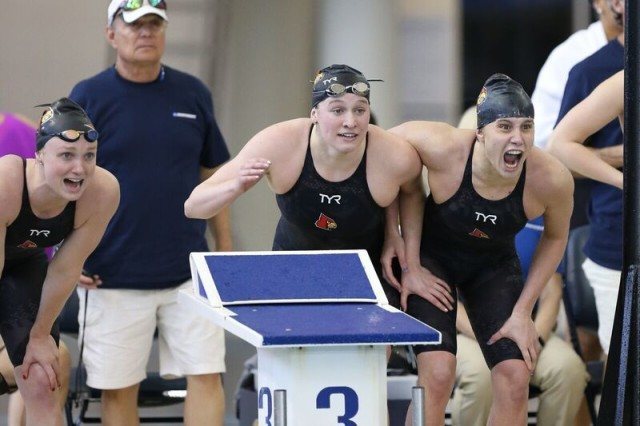 Louisville's 800 free relay at 2016 NCAA D1 Women's Championships. Photo courtesy of Tim Binning/TheSwimPictures.com