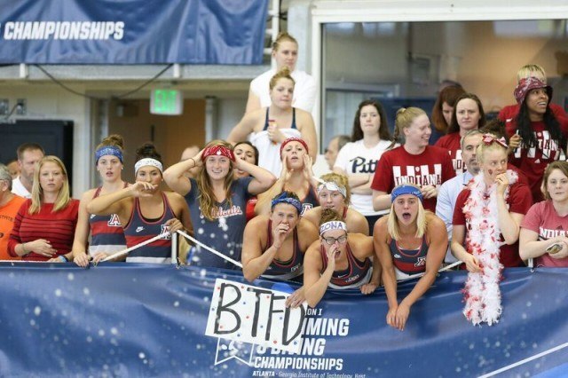Arizona bench at 2016 NCAA D1 Women's Championships. Photo courtesy of Tim Binning/TheSwimPictures.com