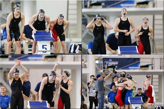 Georgia's 800 free relay reacting to win at 2016 NCAA D1 Women's Championships. Photo courtesy of Tim Binning/TheSwimPictures.com