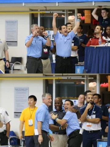 UNC coach celebration at 2016 NCAA D1 Women's Championships. Photo courtesy of Tim Binning/TheSwimPictures.com